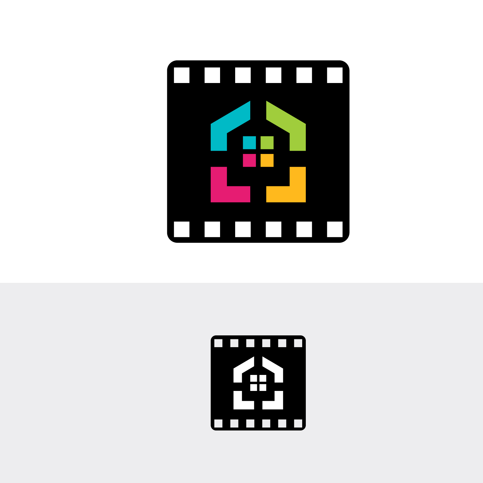 Colorful Real Estate Movie Logo with House and Film Strip Elements