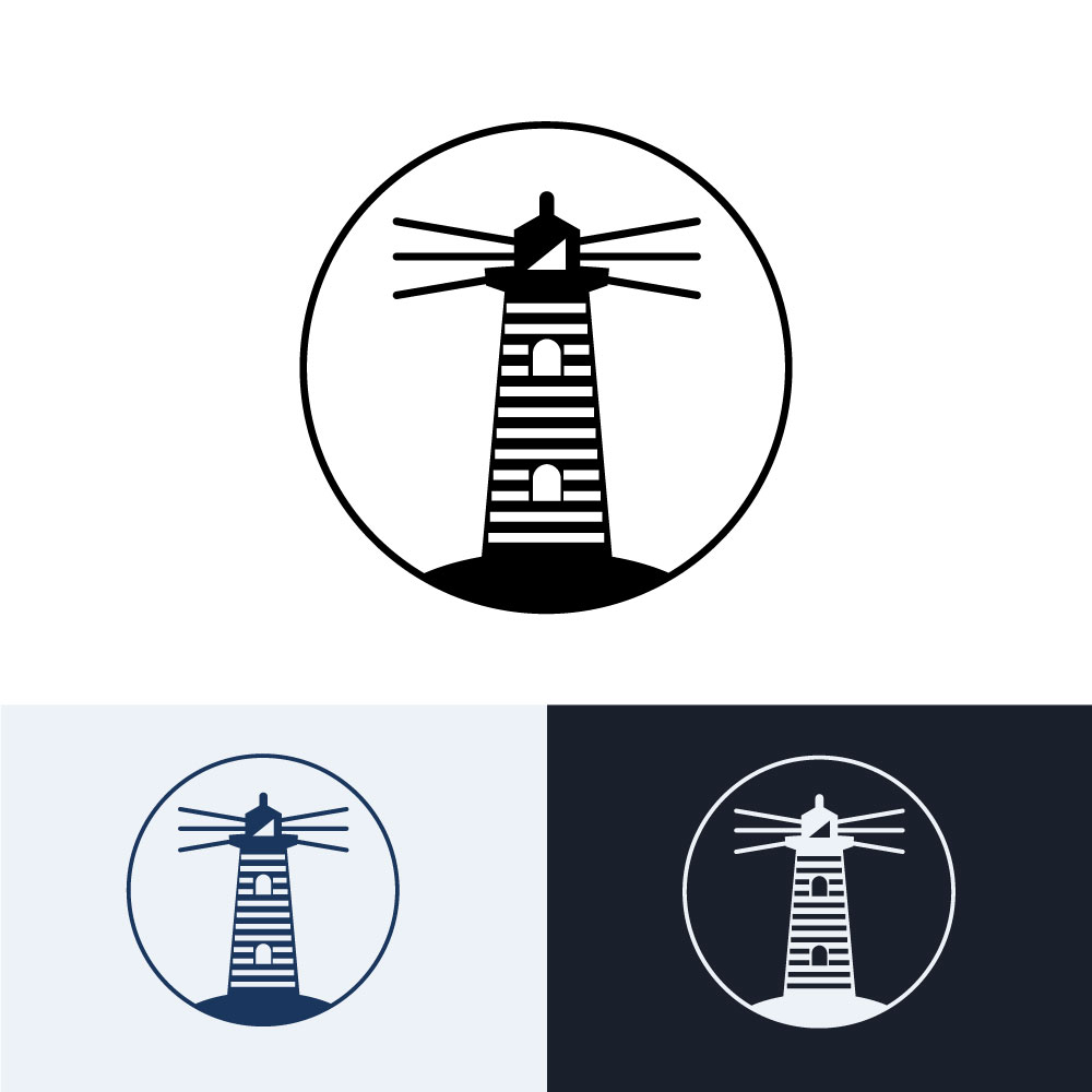 Minimalist Lighthouse Logo Design with Beams in Circle